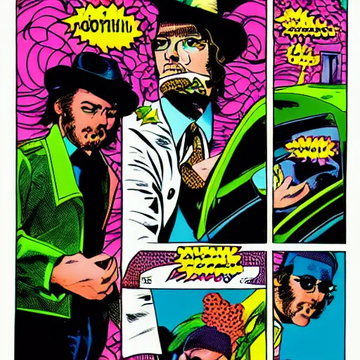 Image similar to psychedelic 7 0 s comic book style, detective in a trenchcoat in densely packed city street