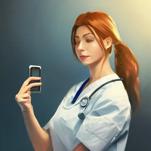 Image similar to a very beautiful female doctor in scrubs, looking at her phone, smiling, close up, laying on bed, hospital room, by greg rutkowski, trending on artstation