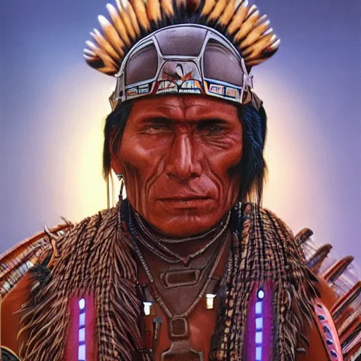 Prompt: a native american/aztec cybernetic mercenary in the style of Jean Giraud detailed realistic HD 8k High Resolution