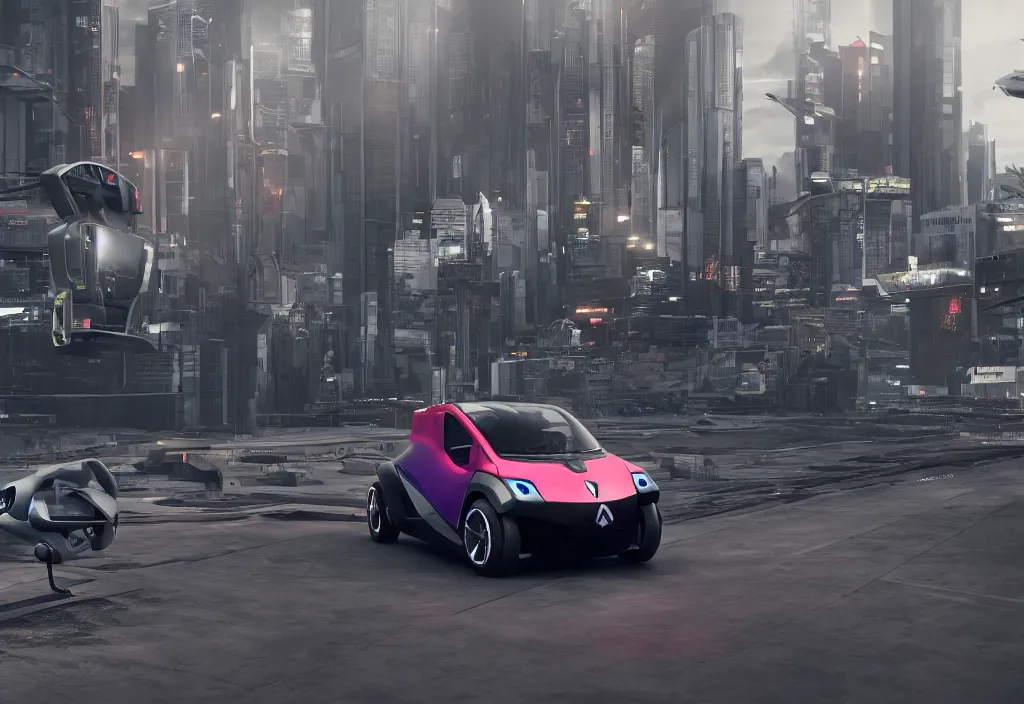 Image similar to octane render of new cyberpunk flying hover version of Renault sandero from 2077 in the city of future