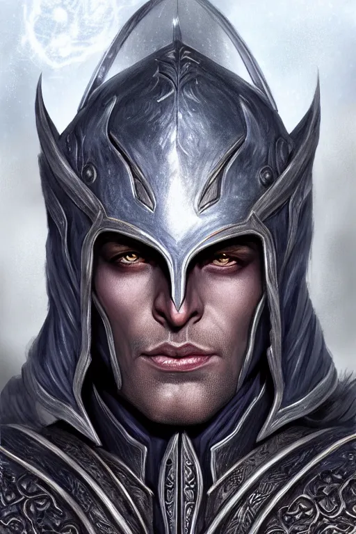 Prompt: head and shoulders portrait of an eldrich knight, drow, dark elf, shadar kai, breastplate, magical, male, high fantasy, d & d, by magali villeneuve, face details, extremely detailed, digital illustration