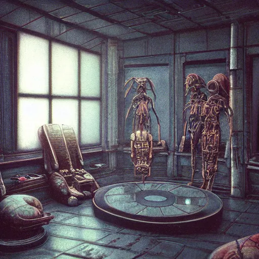 Prompt: detailed painting of bladerunner interior room with japanese furniture and hr giger architecture, artstation, beksinski, cinematic