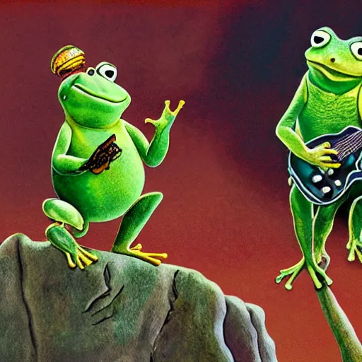 Prompt: frog and toad play metallica songs by arnold lobel