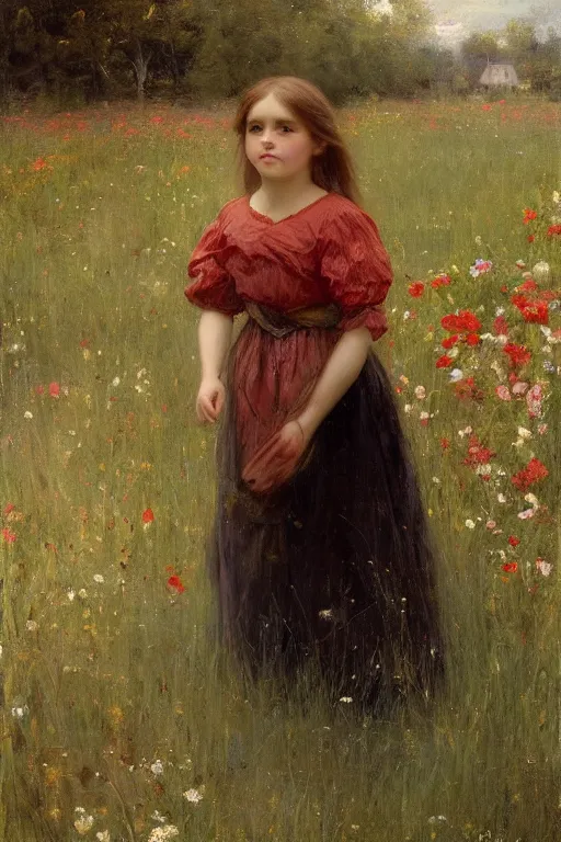 Prompt: Solomon Joseph Solomon and Richard Schmid and Jeremy Lipking victorian genre painting portrait painting of a young cottagecore girl in an open field of flowers, red background