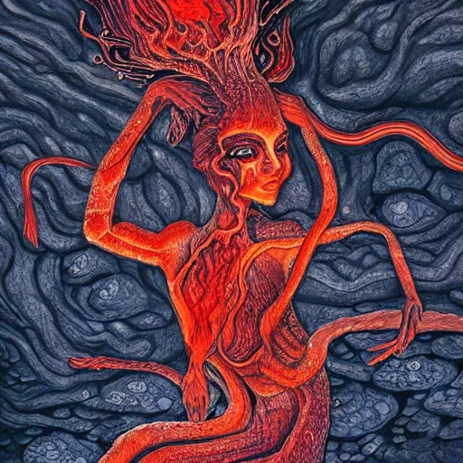 Image similar to a highly detailed full body of mythical female creature made of volcanic lava stones and magma with long hair of flames and beautiful eyes, red veins, intricate details, surreal, magical,