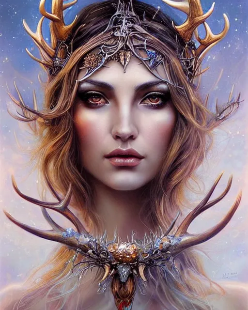 Image similar to a female sorceress with antlers by karol bak and vargas, beautiful detailed eyes, cute, fantasy, intricate, elegant, highly detailed, digital painting, 4 k, hdr, concept art, detailed jewelry, smooth, sharp focus, illustration, art by artgerm