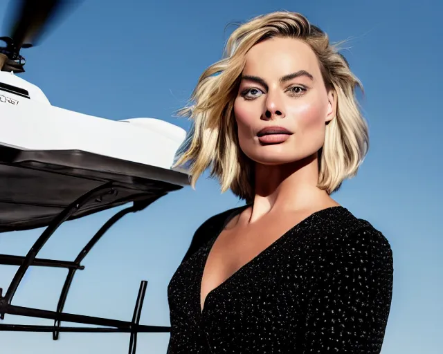 Prompt: a photo of margot robbie sitting on a flying helicopter, hyper realistic face, beautiful eyes, cinematic, long shot, hyper detailed, 8 5 mm photograph, 8 k resolution, film still, sharp lens, wide lens