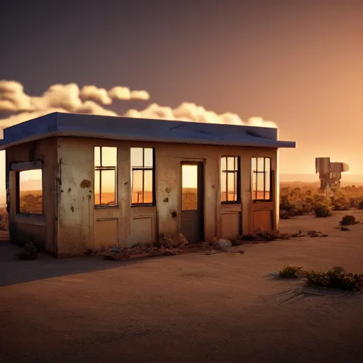 Image similar to abandoned diner in the desert by jon mccoy, sunset, cinematic, cinematic lighting, photorealistic, hyperdetailed 3 d matte painting, iridescent, deviantart, trending on artstation, concept art