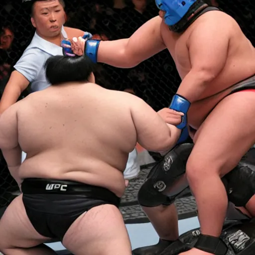 Image similar to robocop getting beat up by sumo wrestler in the ufc octagon