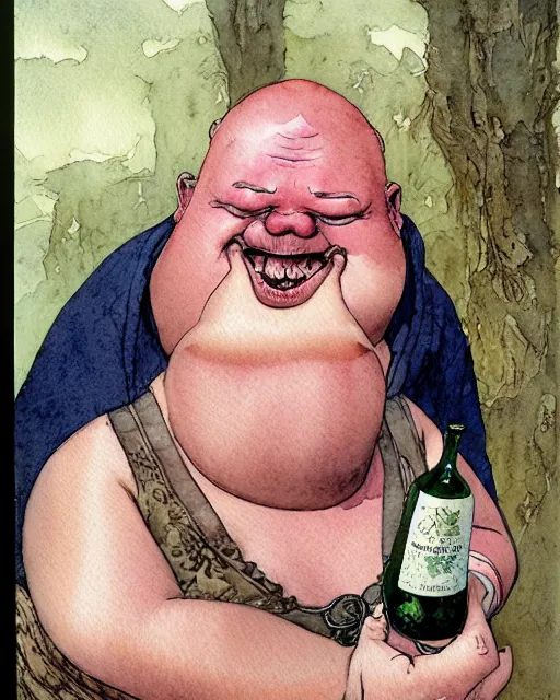 Image similar to a realistic and atmospheric watercolour fantasy character concept art portrait of a fat, chibi quigon jin drinking out of a bottle with pink eyes wearing a wife beater. by rebecca guay, michael kaluta, charles vess and jean moebius giraud