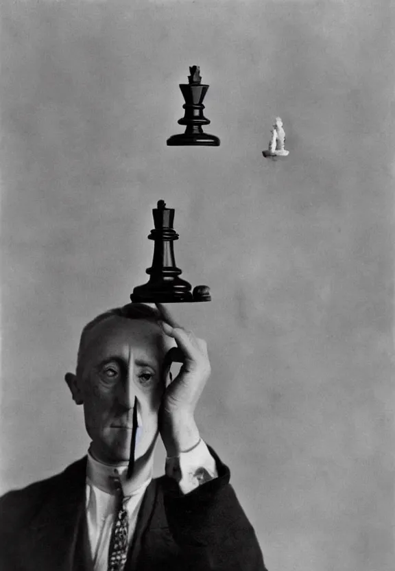 Prompt: a man holding up a single chess - piece, a surrealist painting by marcel duchamp, complex artificial - intelligence machinery, flickr contest winner, studio portrait, 1 9 2 0 s