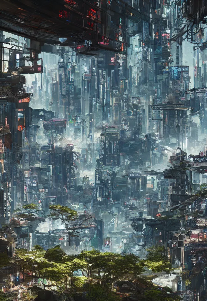 Prompt: illustration of cyberpunk ruins Tokyo in sky reclaimed by nature, by Otomo Katsuhiro and Annibale Siconolfi, cgsociety, 8K, unreal engine