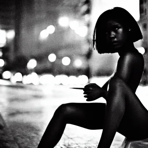 Image similar to a beautiful gorgeous black edgy model girl with short hair, bikini, she's sad, sunset, street of hong kong, 8 0 mm lens, 1. 2 aperture, kodak 5 2 1 9, grainy image, close up, cinematic light, very detailed, depressing atmosphere, cover magazine