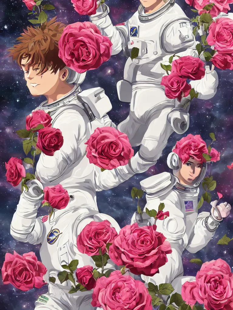 Prompt: a astronauts holding roses in the universe, dream, ultra hd, highly detailed by shinkai makoto