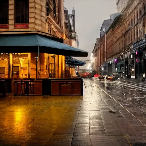 Image similar to sitting alone in a cafe in a rainy victorian city, 8k, ultrarealistic, ultra hd, gloomy, photorealistic, gorgeous lighting, award winning photo