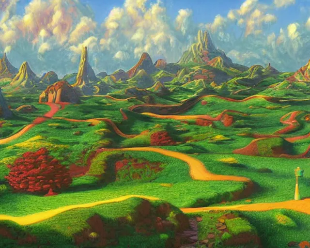 Prompt: Candyland, landscape, highly detailed, painting, in the style of Ted Nasmith