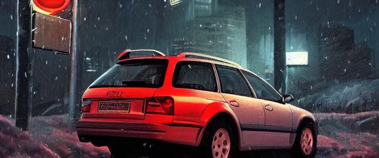 Image similar to Audi A4 B6 Avant (2002), a gritty neo-noir, dramatic bright lighting, cinematic, establishing shot, extremely high detail, photorealistic, cinematic lighting, artstation, by simon stalenhag, Max Payne (PC) (2001) winter new york at night