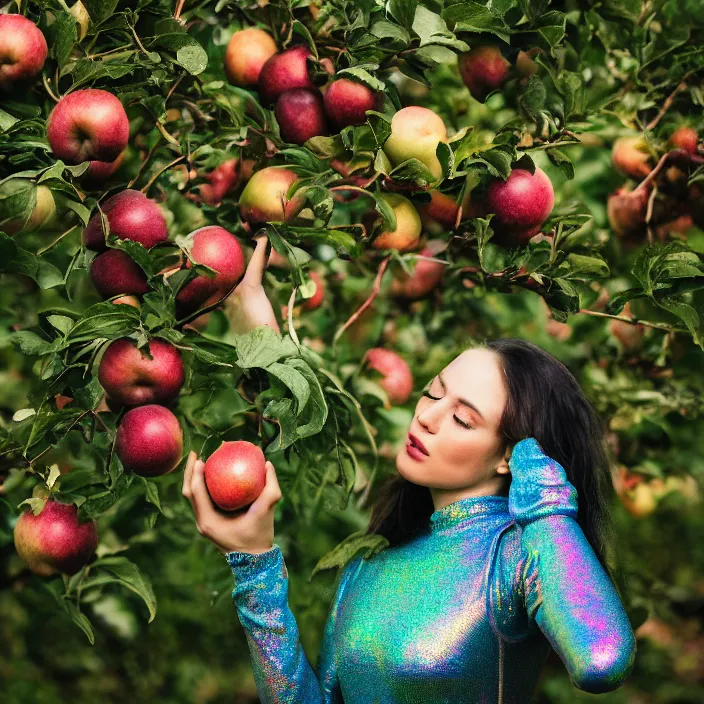 Image similar to a closeup portrait of a woman wearing an iridescent holographic bodysuit, picking apples from a tree, foggy, moody, photograph, by vincent desiderio, canon eos c 3 0 0, ƒ 1. 8, 3 5 mm, 8 k, medium - format print