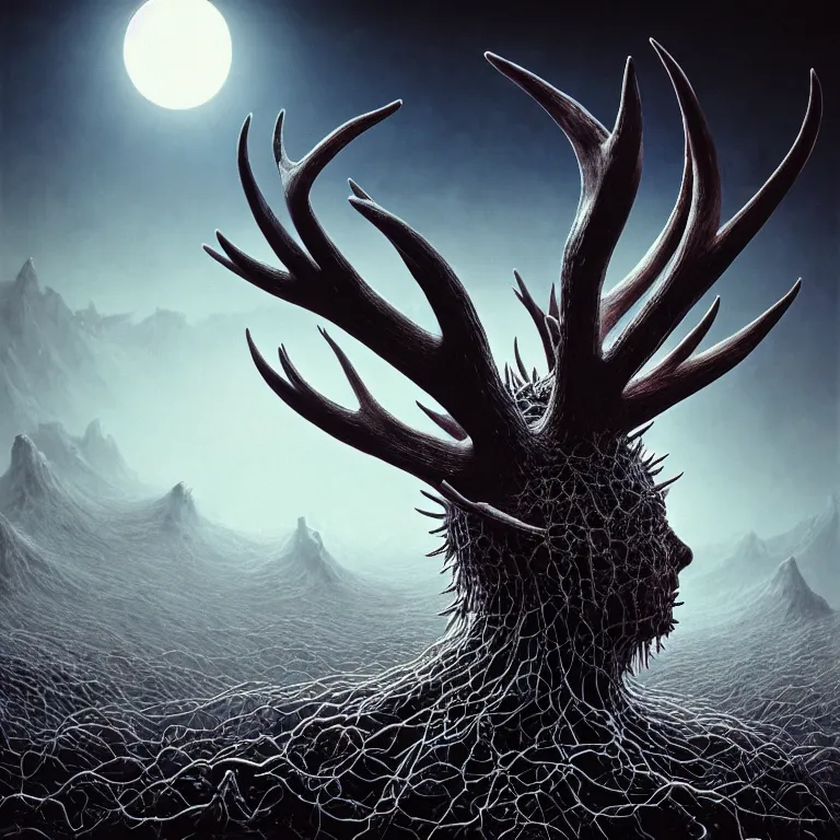 Image similar to surreal portrait of white demon covered with ribbed white spiky spiral crooked antlers, in wastelands on white exoplanet at night, baroque portrait painting, beautiful intricate insanely detailed octane render, artstation, 8 k artistic harsh flash photography, photorealistic, volumetric perfect light, chiaroscuro, raphael, caravaggio, beksinski, rutkowski, giger