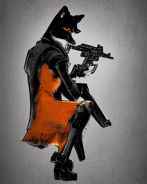 Image similar to a fox wearing a black trench - coat holding a mini - gun, comic art style, digital art,