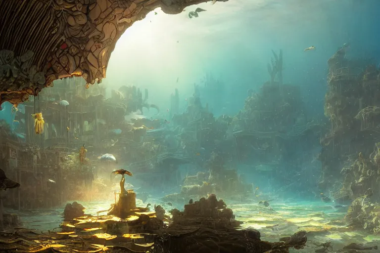 Image similar to a scenic landscaping view of the lost and abandoned city of Atlantic under water, ray of sunlight, mermaids in distance, Greg Rutkowski, Moebius, Mohrbacher, Mucha, blue and gold color scheme, ultra wide angle, ultra detailed, light effect