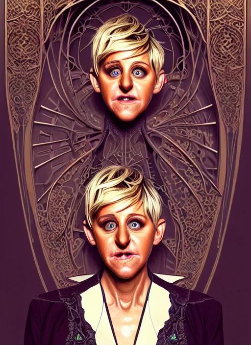 Image similar to portrait of ellen degeneres, volumetric lights, feast, music notes, art nouveau botanicals, gothic, intricate, highly detailed, digital painting, artstation, concept art, smooth, sharp focus, symmetric face, illustration, steampunk, art by artgerm and greg rutkowski and alphonse mucha