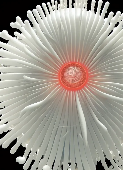 Image similar to perfume bottle standing in the center of a biomechanical white enchanted coral reef made of daisies in an ivory room well contoured smooth fair walls, up close shot, sharp focus, global illumination, radiant light, alexandre ferra white mecha, irakli nadar, octane highly render, 4 k, ultra hd,