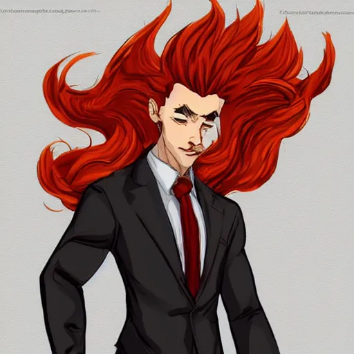 Image similar to fire genasi, suit and tie, fire hair, d & d, concept art, sharp focus, illustration, character art,