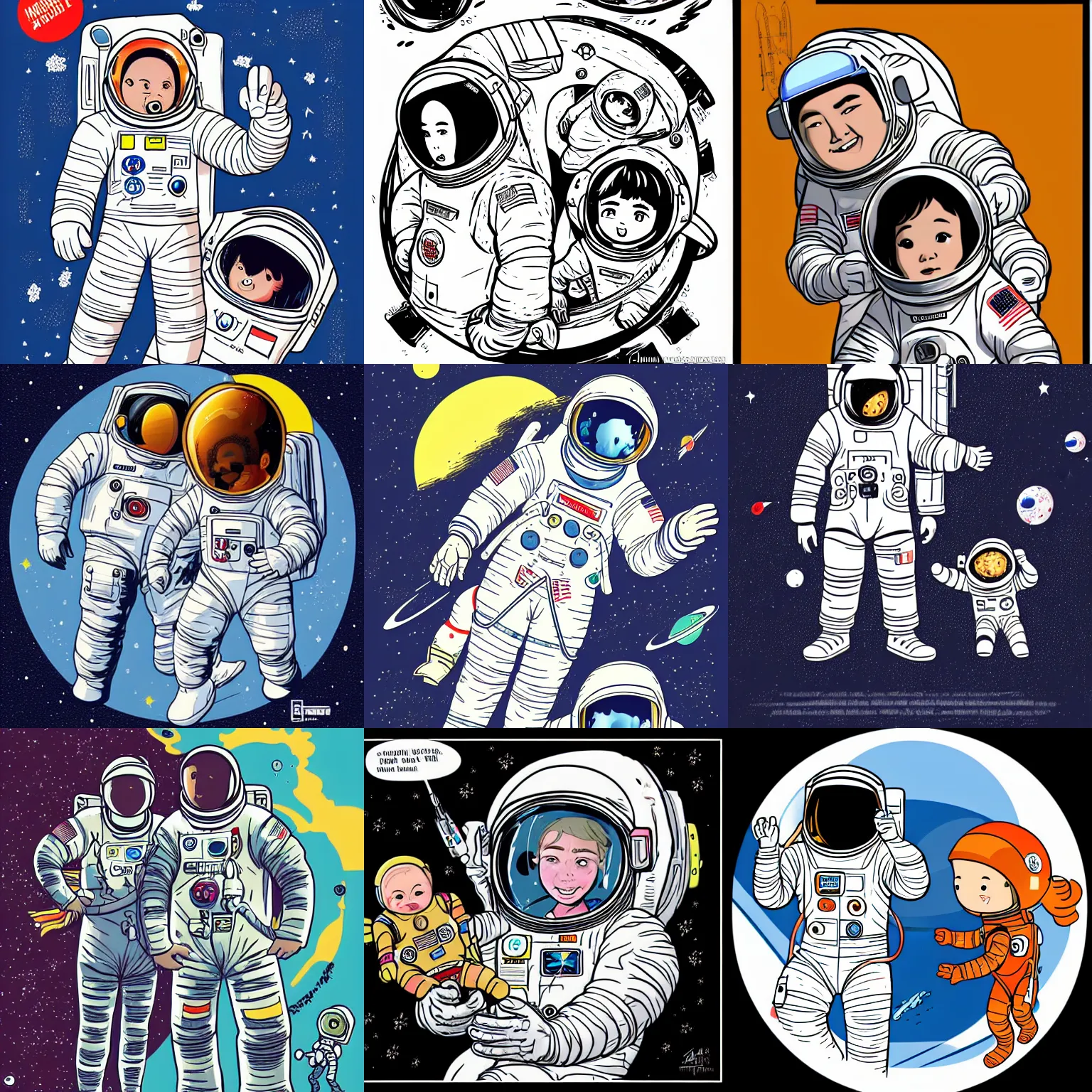 Prompt: an astronaut father and his toddler daughter, fully space suited, cartoon, illustration, comic, vector art, kim jung gi