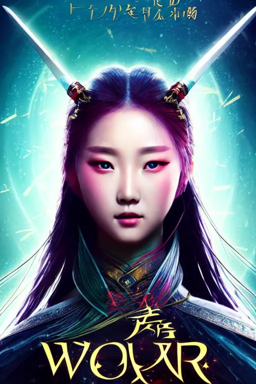 Image similar to beautiful cinematic fantasy poster, wuxia sword dance heroine, beautiful glowing galaxy eyes, hybrid from Dynasty Warriror and art direction by tian zi, WLOP, Darius Zawadzki cinematic quality character render; low angle; ultra high quality model; production quality cinema model;