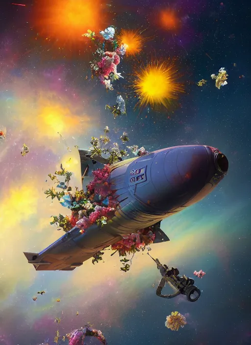 Image similar to An epic fantastic realism comic book style painting of the most beautiful flowers launched into space, bouquets, glorious galactic collision, sharp focus, fisheye, unreal 5, DAZ, hyperrealistic, octane render, dynamic lighting