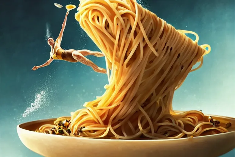 Image similar to olympic diver diving into a dish of pasta, fantasy, elegant, highly detailed, sharp focus, art by artgerm and beeple and greg rutkowski and wlop