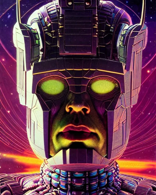 Prompt: galactus, character portrait, portrait, close up, concept art, glow, intricate details, highly detailed, vintage sci - fi poster, in the style of chris foss, rodger dean, moebius, michael whelan, and gustave dore