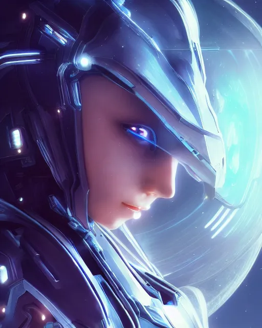 Image similar to perfect android girl on a mothership, warframe armor, beautiful face, scifi, futuristic, galaxy, nebula, raytracing, dreamy, long white hair, blue cyborg eyes, sharp focus, cinematic lighting, highly detailed, artstation, divine, by gauthier leblanc, kazuya takahashi, huifeng huang