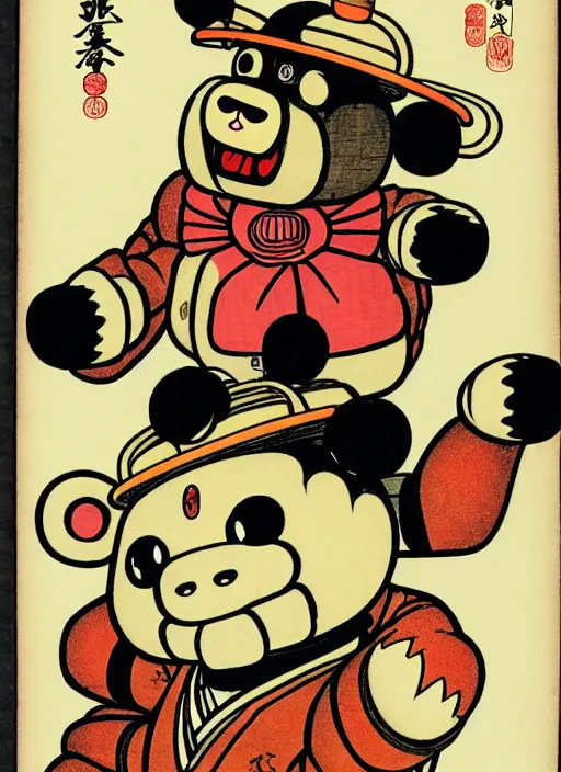 Prompt: freddy fazbear as a yokai illustrated by kawanabe kyosai and toriyama sekien