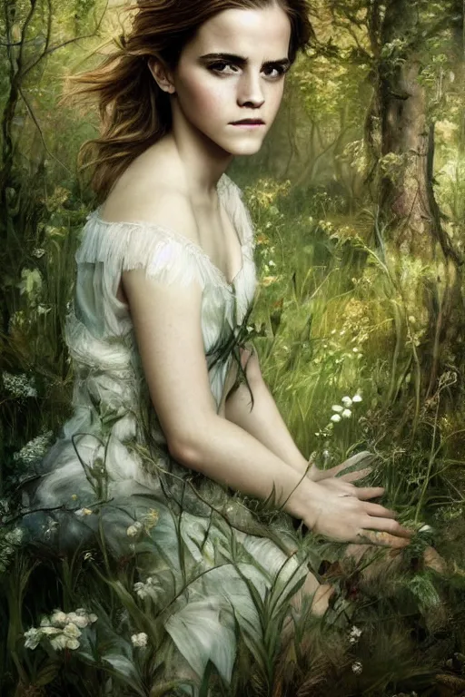 Prompt: Emma Watson as a beautiful forest nymph, oil on canvas, intricate, portrait, 8k highly professionally detailed, HDR, CGsociety