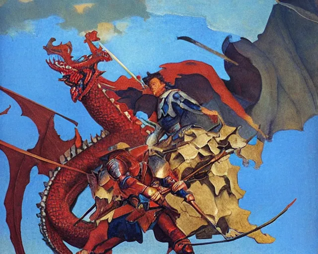 Image similar to knight in blue armor, fighting a large red dragon, by n. c. wyeth, high detail,