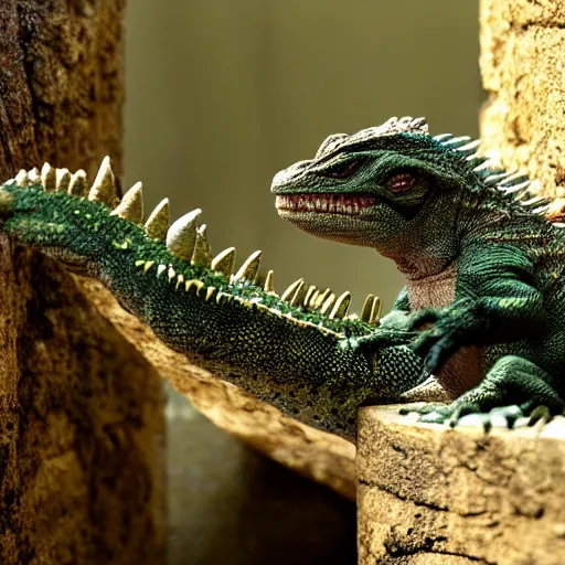 Prompt: small Godzilla in a lizard enclosure