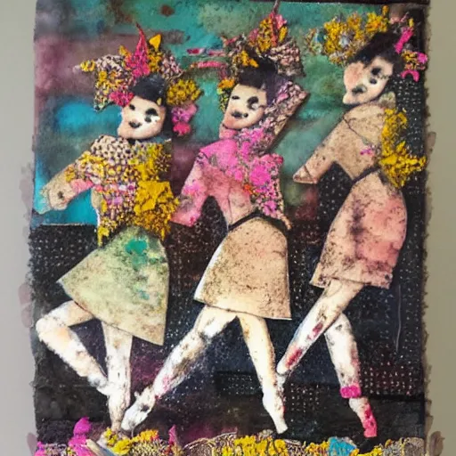 Prompt: mixed media collage with canvas texture, female soldiers dancing. pastel colours, pressed flowers