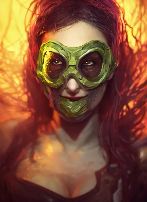 Image similar to renata glasc, from league of legends, chemical baroness wearing a toxic mask, au naturel, hilo, hyper detailed, digital art, trending in artstation, cinematic lighting, studio quality, smooth render, unreal engine 5 rendered, octane rendered, art style by klimt and nixeu and ian sprigger and wlop and krenz cushart