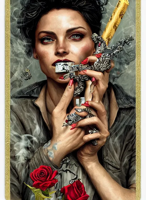 Image similar to tarot card :: horror :: hearts and roses :: cigarettes and smoke :: gold and silver :: guns and swords :: side profile :: highly details :: intricate details :: Sandra Chevrier and bastien lecouffe deharme