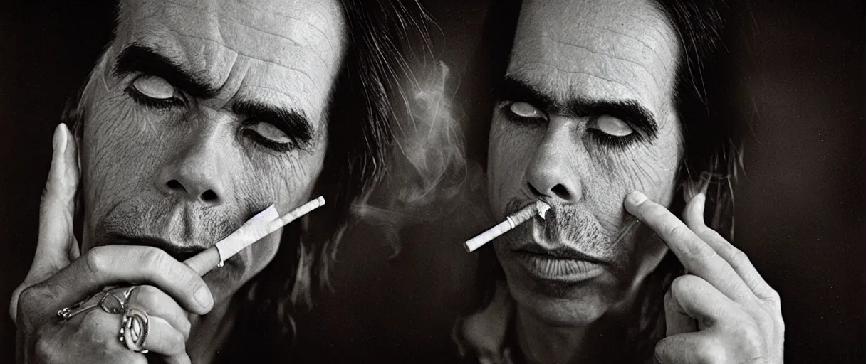 Prompt: award winning photo of NICK CAVE smoking DMT, vivid colors, happy, symmetrical face, beautiful eyes, studio lighting, wide shot art by Sally Mann & Arnold Newman