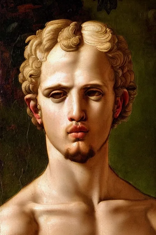 Image similar to renaissance painting of man, short blonde hair, thoughtful face, emotions closeup, dressed in roman armour, the beautiful garden with olive leaves, ultra detailed, art by Guido Reni style, Vincenzo Catena style