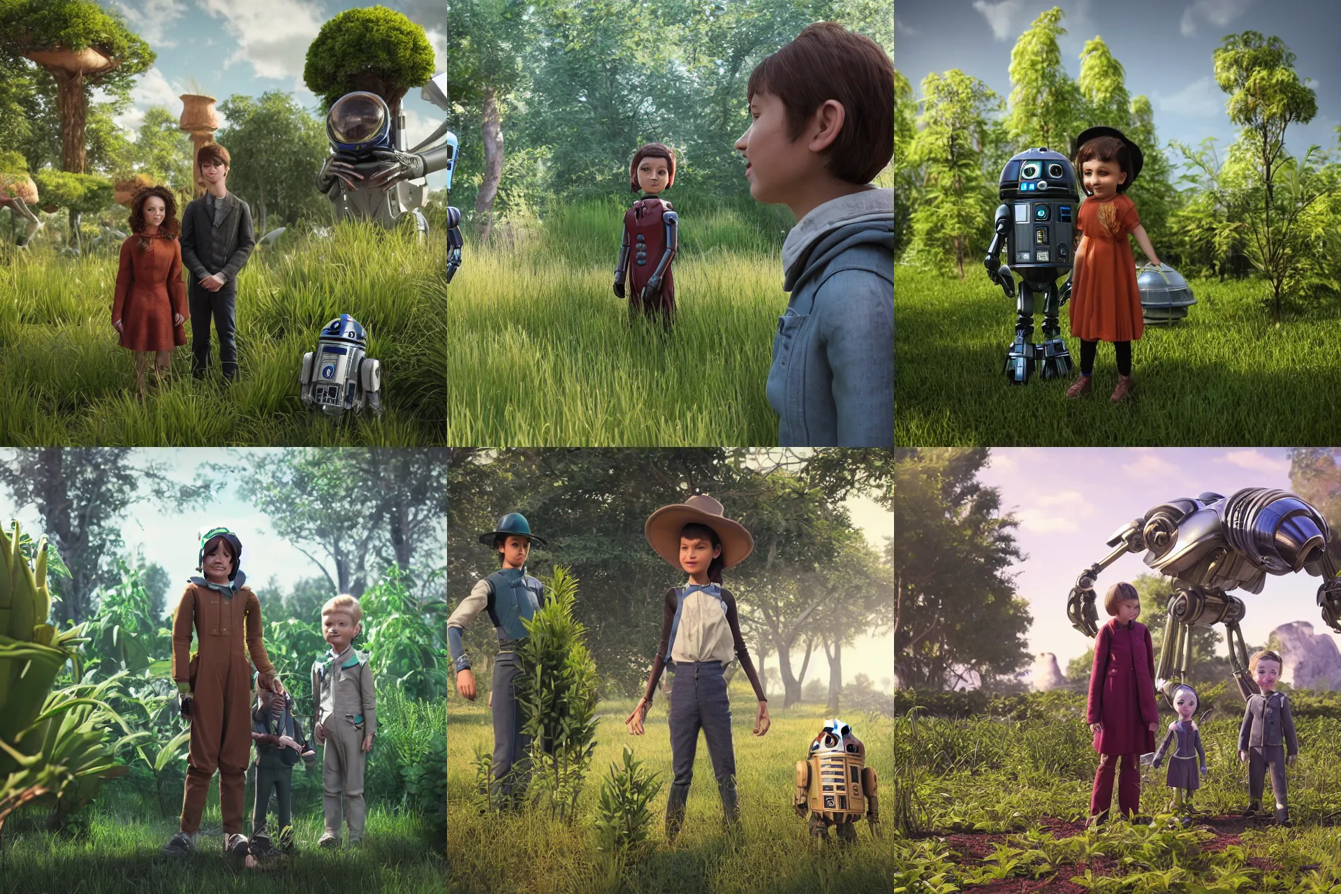 Prompt: a girl and a boy standing next to some alien plants, looking happy and wearing clothes from 1860, their pet droid is nearby, in a park on a alien planet, ultra realistic facial details, enhanced faces, ultra photorealistic raytracing, 8k