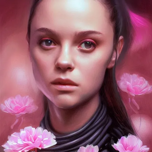 Image similar to black snake moan, pink petals with a a bored hailee steinfeld and christina ricci mixed with mona lisa, intricate, elegant, highly detailed, wonderful eyes, sweet, digital painting, artstation, concept art, smooth, sharp focus, illustration, art by artgerm and greg rutkowski and concept art, rectilinear vaporwave