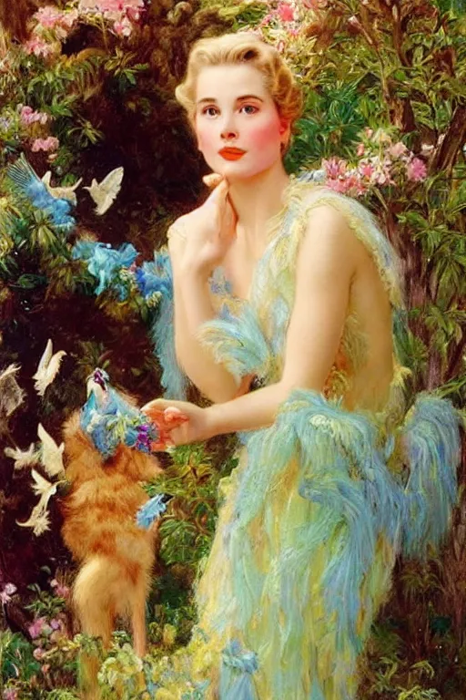 Prompt: A young and extremely beautiful Grace Kelly explaining the birds and the bees in the style of Gaston Bussière, art nouveau, art deco, surrealism. Extremely lush detail. Perfect composition and lighting. Very surreal flowers and animals and setting. Sultry.