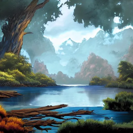 Image similar to bob ross comic book scene of an epic adventure through time, cinematic, realistic, beautiful scenery, matte painting, highly detailed, octane render, unreal engine, volumetric lighting