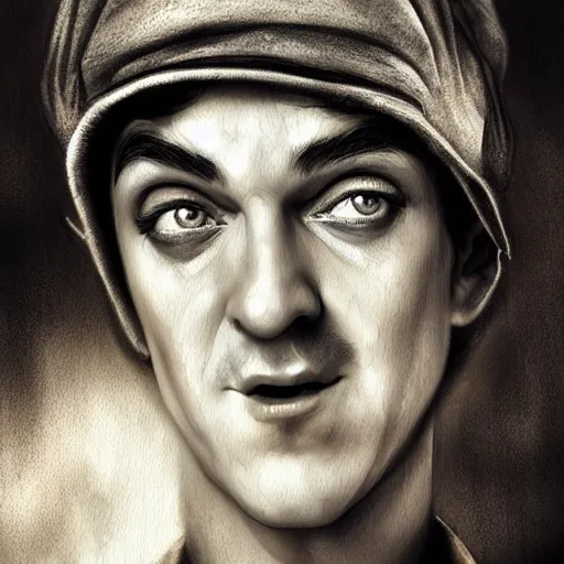 Image similar to stan laurel character portrait, lean face, cinematic lighting, glowing grey eyes, hyper - detailed, 4 k, high resolution, in the style of charlie bowater, tom bagshaw, single face, symmetrical, headshot photograph, insanely detailed and intricate, beautiful, elegant, watercolor, cinematic, portrait, raphaelite, headroom, pierre - auguste renoir