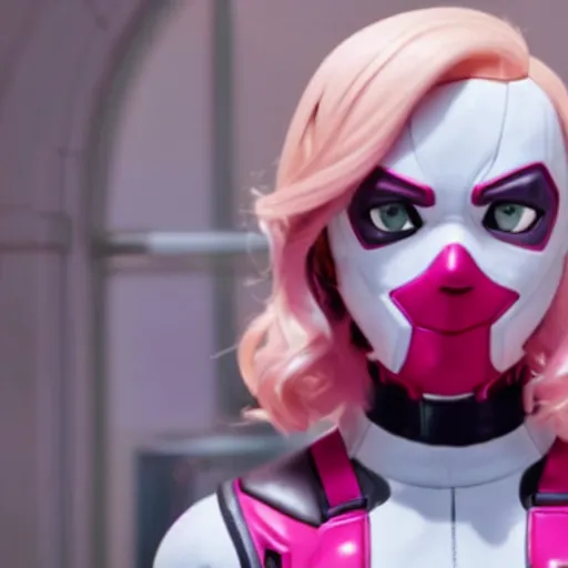 Image similar to A still of Gwenpool in Deadpool 3 (2023), blonde hair with pink highlights, no mask, white and light-pink outfit, smiling and winking at the camera, comics accurate design