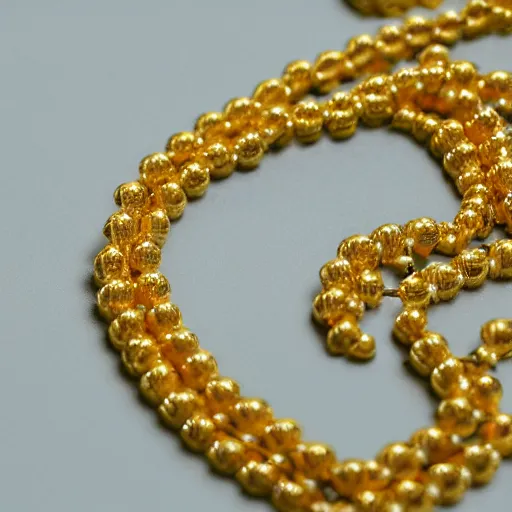 Image similar to a studio photoshoot of a Gold Beaded Chain with 12 beads, designed by Tom Sachs, realistic, color film photography by Tyler Mitchell, 35 mm, graflex